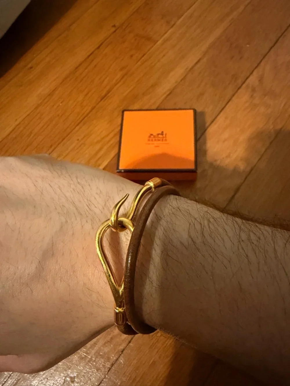 Hermes brown leather double wrap bracelet with gold hook - Picture 2 of 7